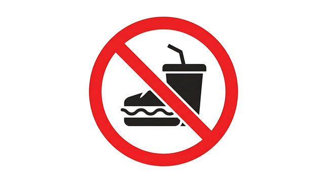 A red prohibition sign with a silhouette of a hamburger and a drink, indicating no food or beverages allowed.