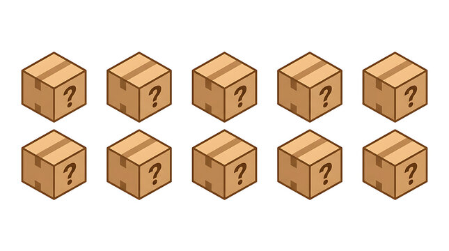 Collection of ten isometric pixel art cardboard boxes with question marks indicating mystery packages in a digital environment