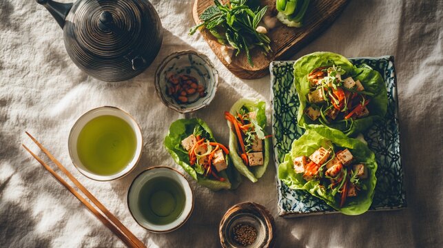 A lifestyle healthy lunch table flat lay with tofu lettuce wraps, green tea, chopsticks, and side dishes arranged naturally on linen fabric under daylight