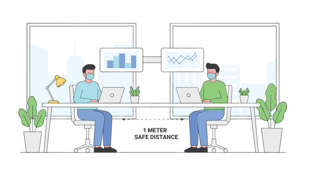 Two office workers wearing face masks at their desks while keeping a one meter safe social distance to prevent viral transmission.