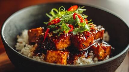 Fototapeta premium A macro flat lay of sauce dripping slowly over crispy tofu and brown rice creating glossy highlights and cinematic healthy food detail