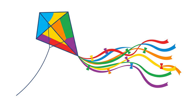 Colorful Diamond Shaped Kite Flying with Rainbow Streamers in a Clear Sky
