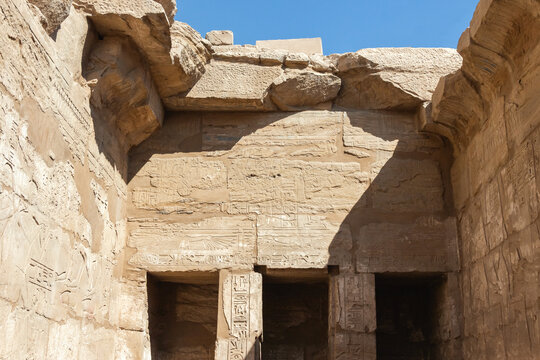 Interior view of Temple of Sethi with carved reliefs and stone roof, Karnak complex, Luxor, Egypt