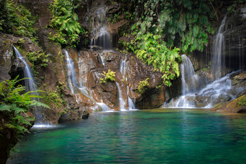 Poço Azul, Rio Cocal, Maranhão provice, Brazil. A magical place where small waterfalls cascade in a turquois jungle pool at the bottom of the River Cocal canyon. © Rob