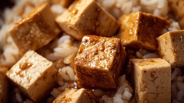 A macro flat lay of sesame sauce soaking into crispy tofu and rice with glossy highlights and detailed texture