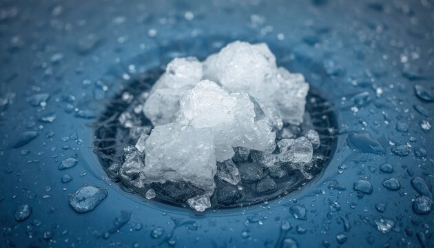 Large hailstones damaging car roof after severe storm. Giant ice chunks covering wet metallic surface from extreme weather event.