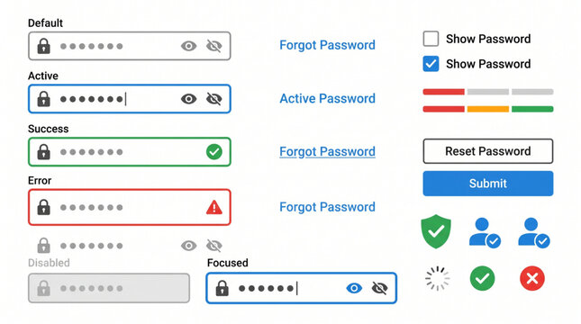 Password input field UI kit for login screens. Interface template featuring active, success, error, and disabled states with security icons, strength meters, submit buttons, and reset options.