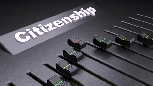 Citizenship concept on audio mixer console, faders adjusting citizenship status, metaphorical control of immigration and legal rights