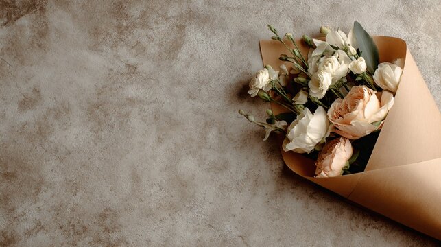 A minimalist wrap arrangement positioned diagonally across a neutral textured background with refined spacing and elegant caf&eacute; styling