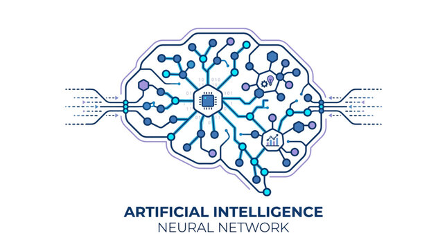 Concept of Artificial Intelligence and Neural Network with human brain circuit illustration