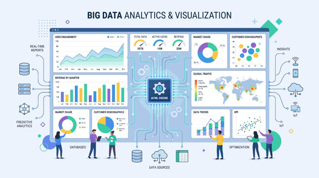 Big data analytics and visualization dashboard with charts, graphs, and team analyzing digital metrics