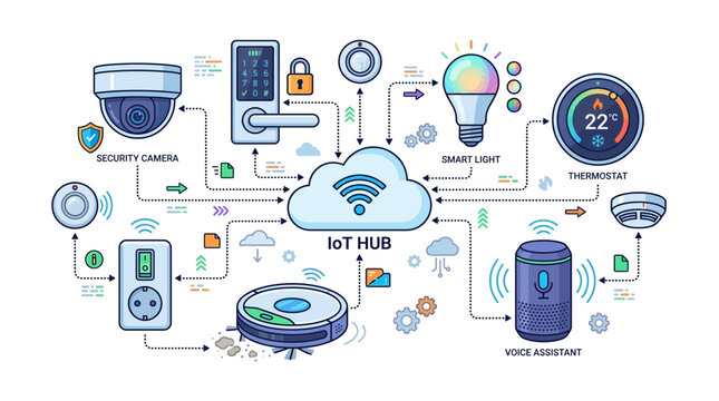 Smart Home Automation System Concept with IoT Hub Connecting Various Connected Devices for Home Security and Management