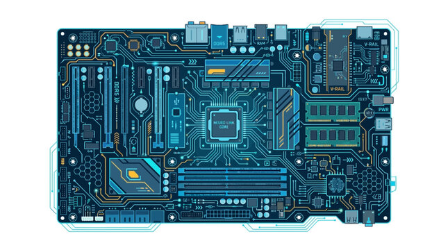 Blue computer motherboard illustration with gold circuit components and high tech hardware design elements