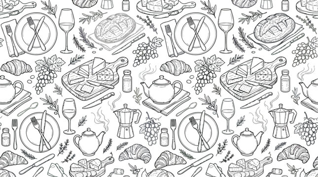 Hand drawn breakfast food pattern with bread cheese wine and coffee pots in sketch style vector