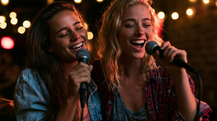 Obraz premium Two friends singing a joyful karaoke duet at a cozy night party with warm string lights