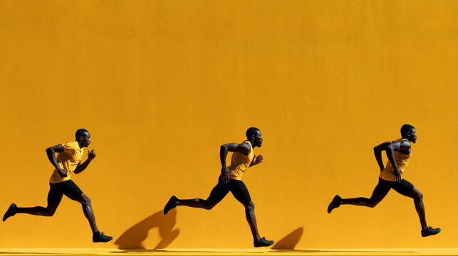 Athlete running in sequence on vivid yellow background showing speed, motion and fitness training