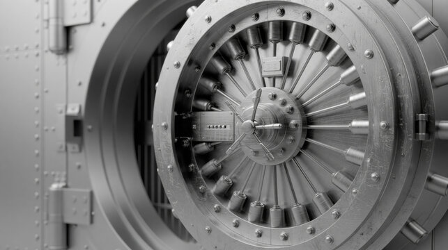 Heavy bank vault door with steel locking mechanism and industrial security for finance storage
