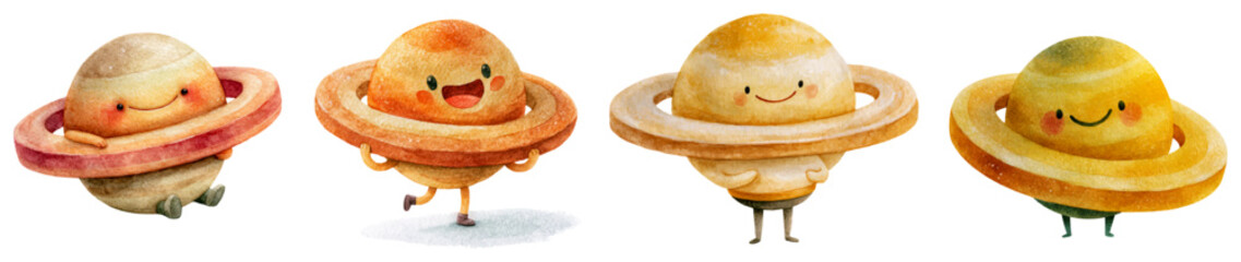 Four cute saturn planet characters with rings in a watercolor style. Showing different happy expressions and poses © Mari
