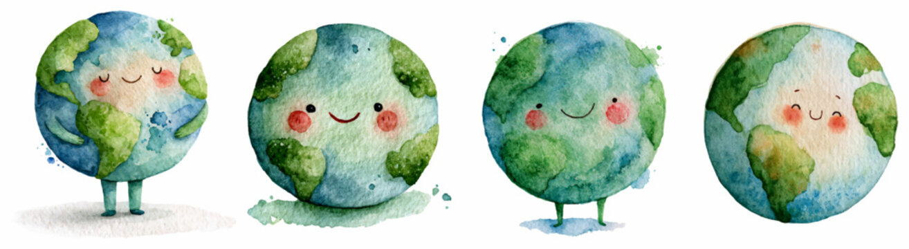 Smiling kawaii earth characters displaying happiness and environmental care, collection of watercolor planet globes with cute cheerful faces, happy world concept and save the planet theme