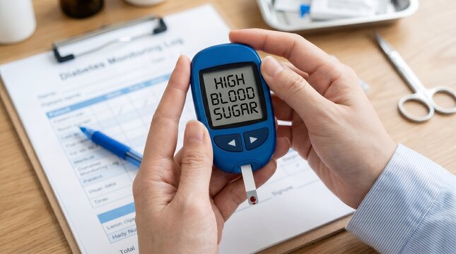 Close up of Hand Holding Blood Glucose Meter Displaying High Blood Sugar Reading with Monitoring Log