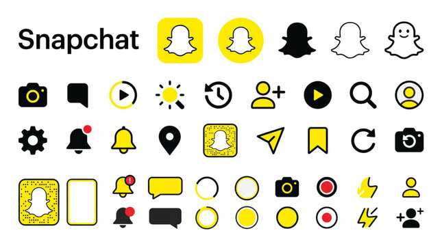Snapchat application interface icons set with minimalist vector elements featuring ghost logo, camera, chat bubble, notification bell, snapcode, search, user profile, and navigation menu tools.