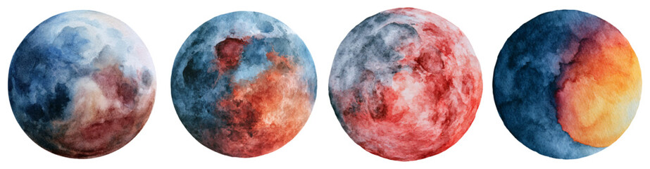 Hand painted watercolor celestial bodies displaying abstract cosmic patterns and colorful planetary gradients, symbolizing universal exploration and astrological elements © Mari