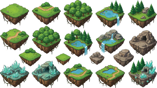 Isometric floating island game assets with forest terrain water features and crystal formations for fantasy map design