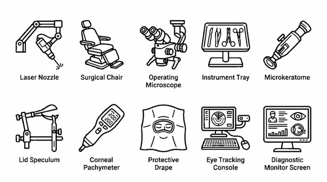 Set of line art icons representing ophthalmology and eye surgery equipment.