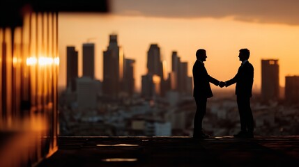 Fototapeta premium Two businessmen shaking hands in silhouette against a city skyline at sunset