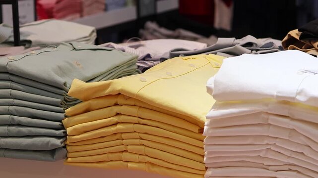 Male Customer Choosing Folded Shirts from Clothing Display in Fashion Store. Close Up of Hands Selecting Casual Apparel for Retail Shopping and Wardrobe Update