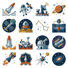 Colorful Space Exploration Themed Vector Icons Set. © Innova5