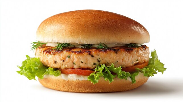 A clean commercial salmon burger composition isolated on a white surface with balanced shadows and expansive premium copy space