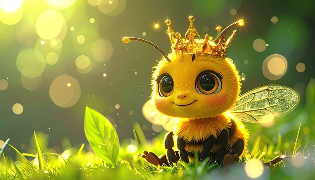 Adorable bee mascot wearing crown sitting in lush greenery.