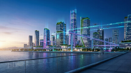 Fototapeta premium Professional studio quality image of smart city technology skyline, neon lights, advanced infrastructure, night view, soft natural light, high resolution, minimal noise