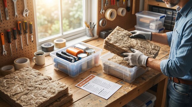 Man preparing emergency kit and home insulation on workshop table