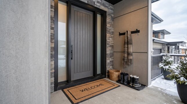 Modern house entrance with winter boots welcome mat and snow