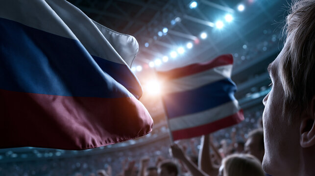 Enthusiastic fans wave colorful flags at a thrilling sports event in a lively stadium filled with energy and excitement