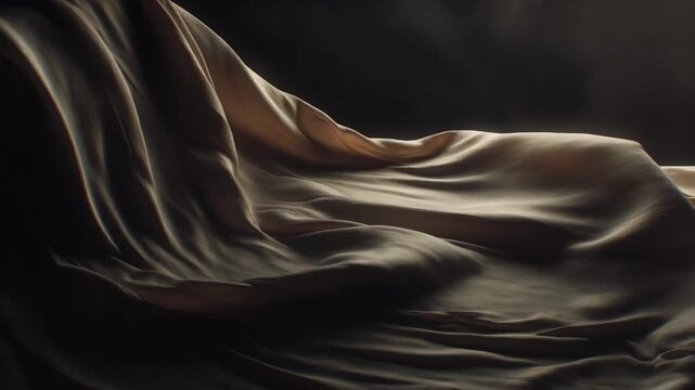 Abstract flowing fabric shapes in soft minimalist style on dark background, symbolizing motion and elegance
