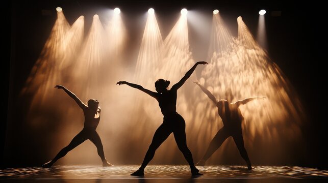 Dancers perform a synchronized routine under dramatic spotlights on a dark stage.