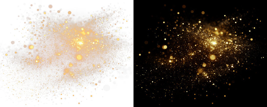 Golden glitter explosion with sparkling bokeh lights on black background, luxury festive dust texture for holiday celebration, abstract digital art wallpaper for event branding and social media design