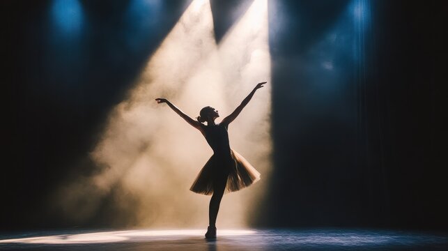 Ballerina executes a delicate pose while standing in a single bright spotlight on a dark theater stage.