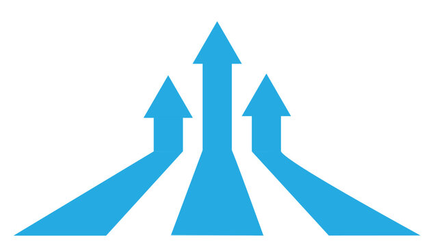 three blue arrows rising in perspective. upward pointing directional paths. converging road arrows in depth view. bold monochrome growth motif
