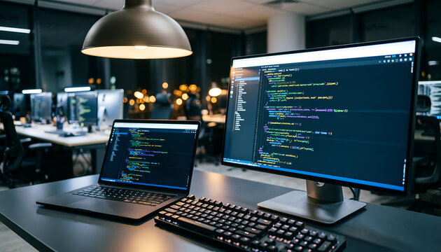 Modern developer workstation with programming code on dual screens in a late-night office setting. Software engineer workspace featuring a laptop, monitor with lines of code, and mechanical keyboard.
