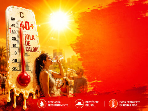 Derretir term&oacute;metro calor extremo, temperatura alta, ola de calor, can&iacute;cula, editable aviso naranja, alerta roja y beber agua hidratarse golpe de calor calima y sol precauci&oacute;n melted thermometer heat
