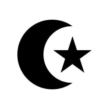 Black crescent moon and star vector icon symbol