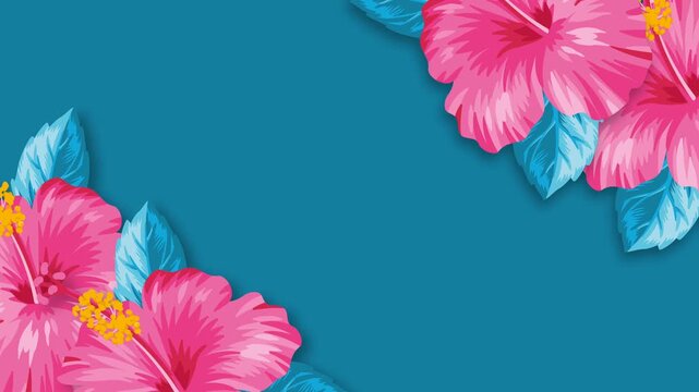 Tropical Pink Hibiscus Flowers on Teal Blue Background Hawaii Theme.