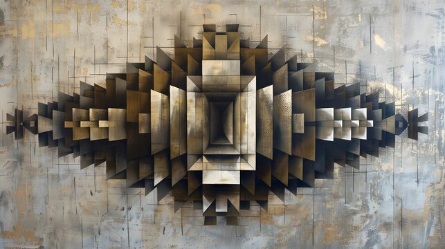 An intricate three dimensional geometric metallic sculpture featuring sharp layered edges and a symmetrical gold and dark bronze color palette