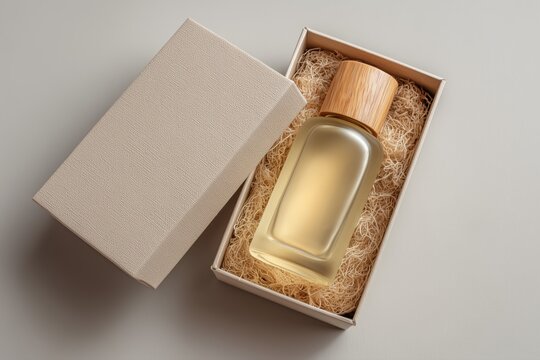 A gift box containing two bottles of body oil and one bottle of skin care product, with brown silk fabric inside the packaging box.