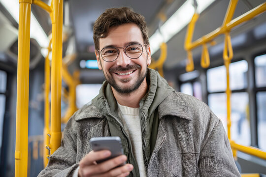 A happy man with a smartphone stands in a bus, holding a hand strap and smiling at the camera while traveling to work by public transport.