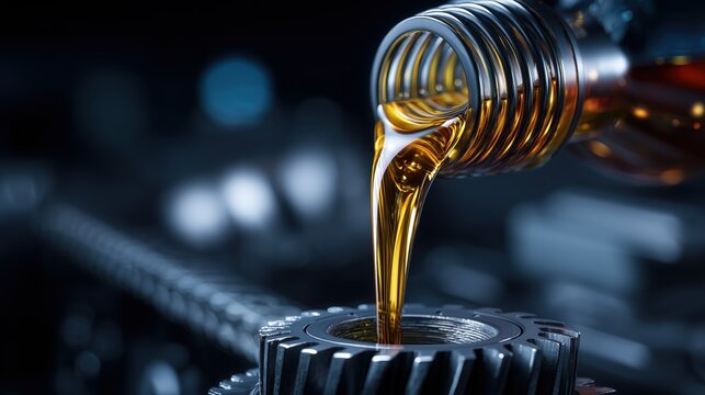 Engine oil pouring from a bottle over gears on a black background.
